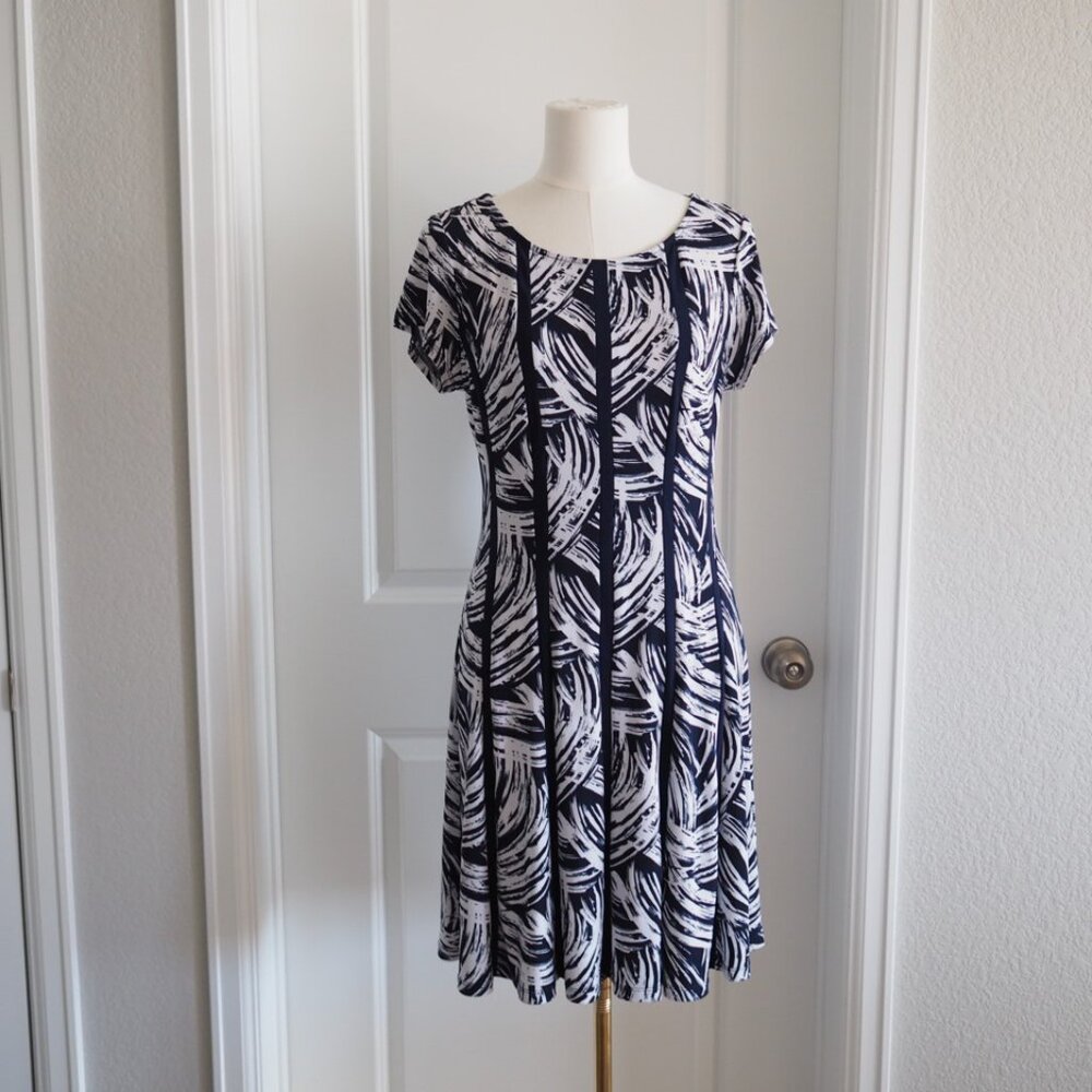 Connected Apparel Navy Blue and White Striped short-sleeved Midi Dress size 6